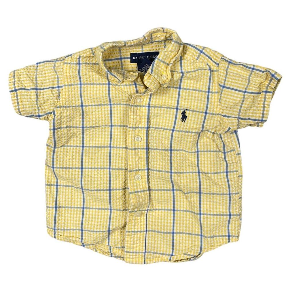Ralph Lauren Baby Boys Size 6-12M Yellow Blue Seersucker Short Sleeve Button Up